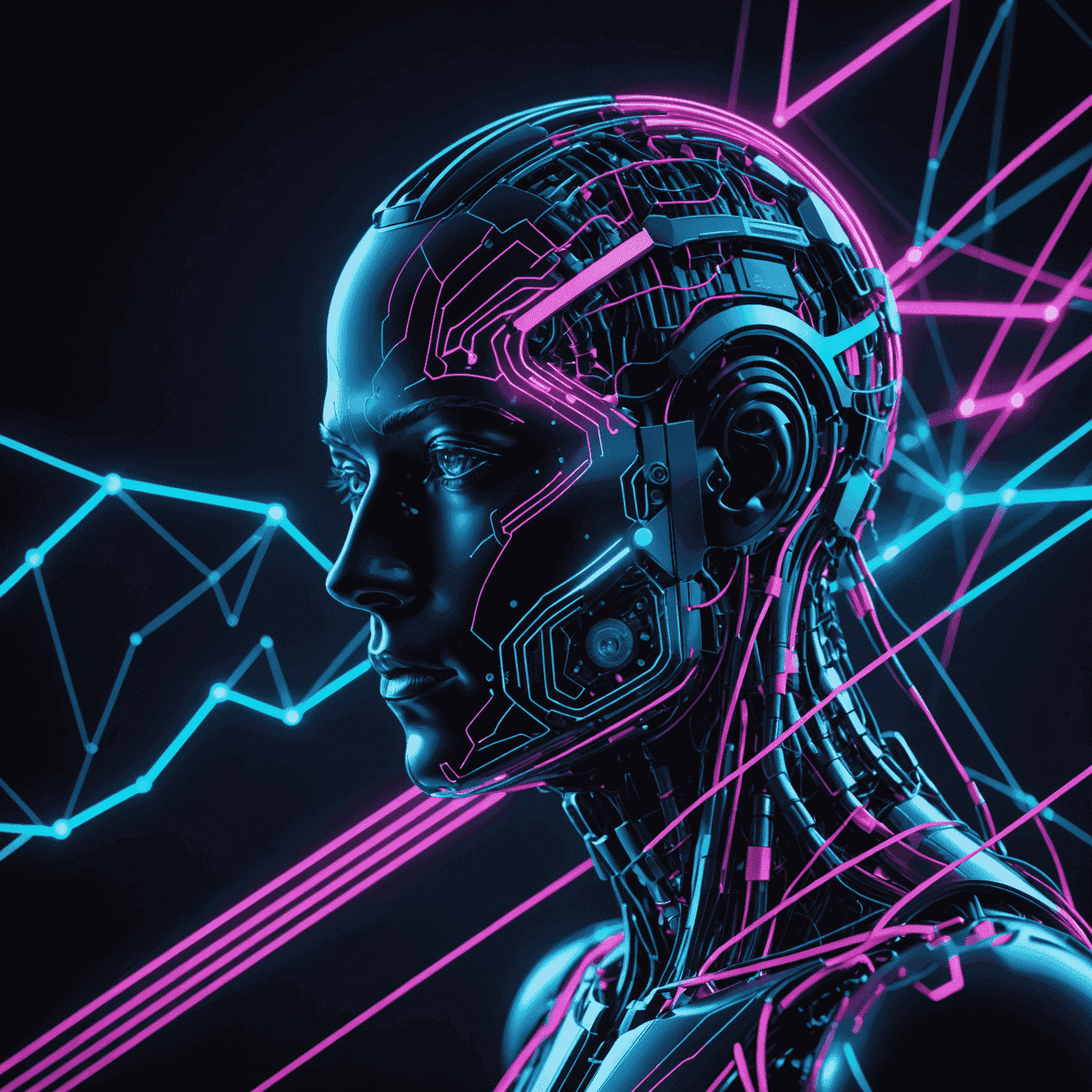 複雑な金融データのストリームを分析するAIの視覚的表現。ネオンブルーとピンクの光る線が、データポイントを接続し、パターンを形成している。